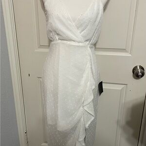 Lulus Elegant White Swiss Dot Ruffled Midi Dress